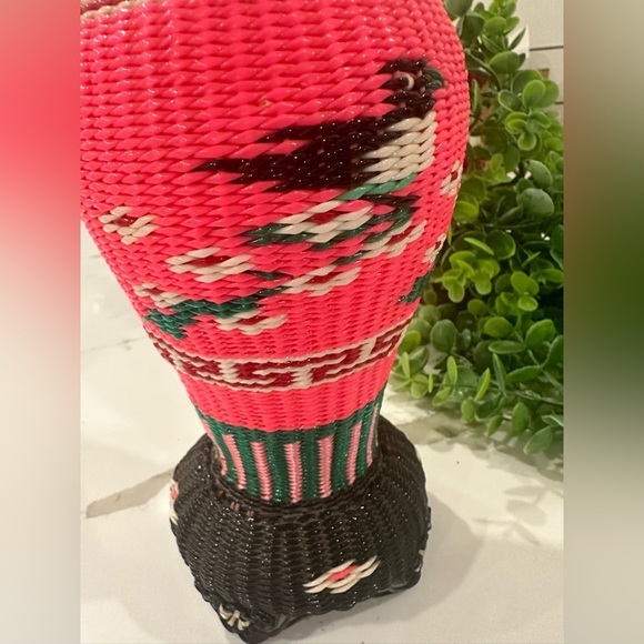 Vintage 1960s Chinese Scoubidou Woven Plastic Covered  Vase Kitsch 10½”tall - Picture 7 of 8